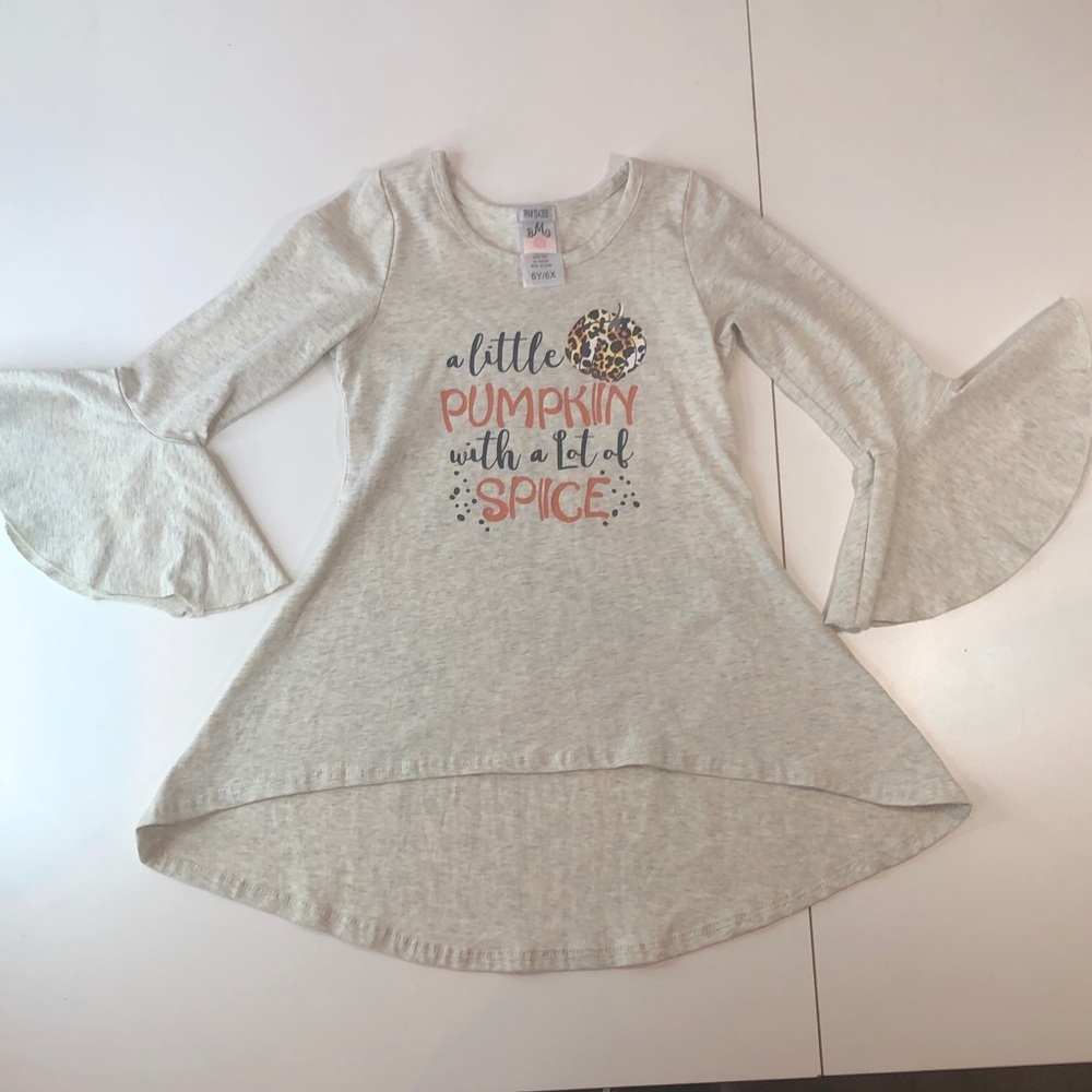 Heather Cream Light Gray Bell Sleeve Pumpkin Spice Graphic Print Top 6 6X New